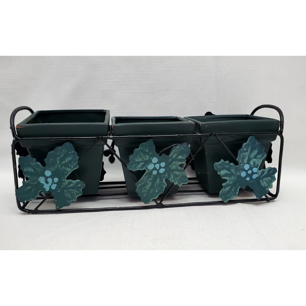 Vintage Square 3 Green Clay Pots With Metal Ivy‎ Leaves Planter Rack 11" x 4" - Picture 3 of 9